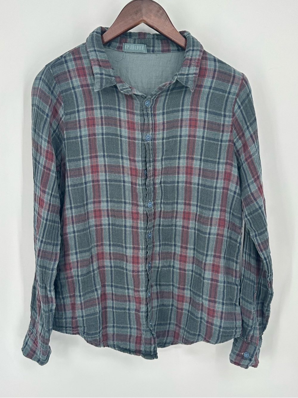 CP Shades Double Cotton Plaid Flannel Button Down Top XS Blue Red Button Front